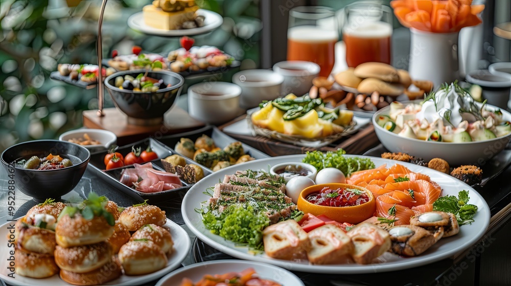 An opulent breakfast spread in a five-star hotel, with a selection of dishes from a contemporary resort buffet An opulent breakfast spread in a five-star hotel, with a selection of dishes from a contemporary resort buffet