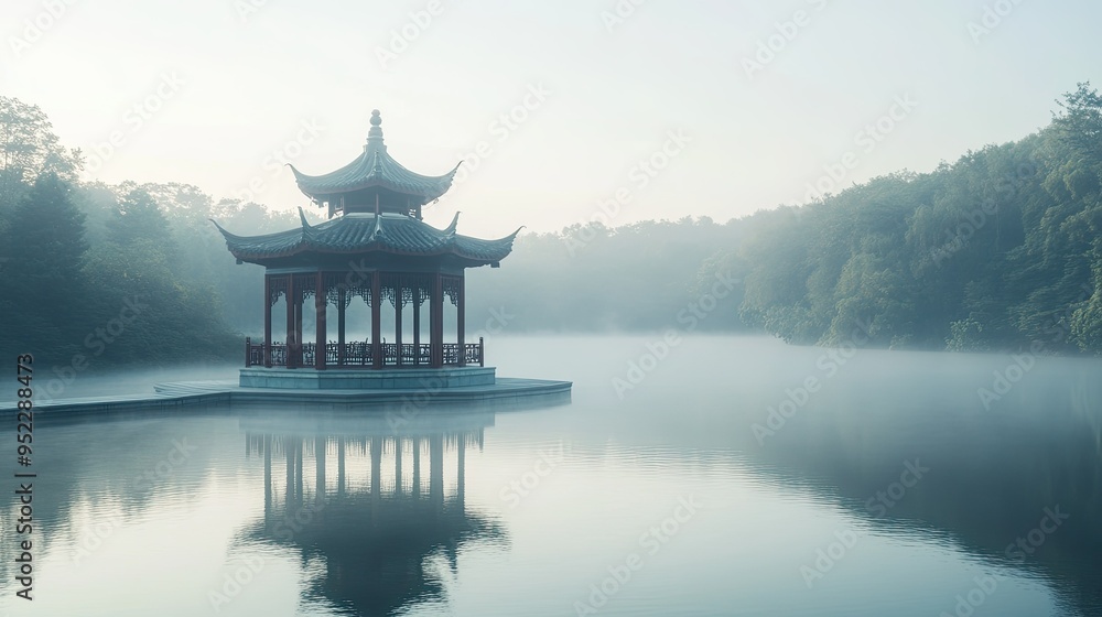 A serene view of a Chinese pagoda on a misty morning. No people, copy space. A serene view of a Chinese pagoda on a misty morning. No people, copy space.