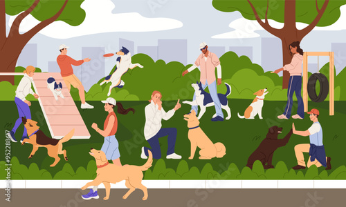 Dog walk park. Pup play. People training pets to run and jump. City canine playground. Happy owners together with animals. Puppy toy. Activity command. Doggy agility simulators. Vector cartoon concept