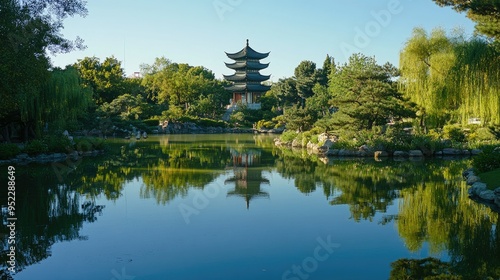 A serene view of a Chinese pagoda reflected in a still pond. No people, copy space.