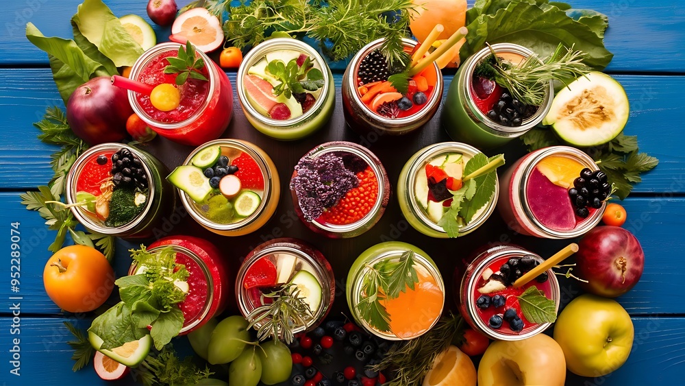 Top view of detox drinks in jars with fruits, vegetables, herbs, berries and greenery near fruit ingredients on wooden blue surface Top view of detox drinks in jars with fruits, vegetables, herbs, berries and greenery near fruit ingredients on wooden blue surface
