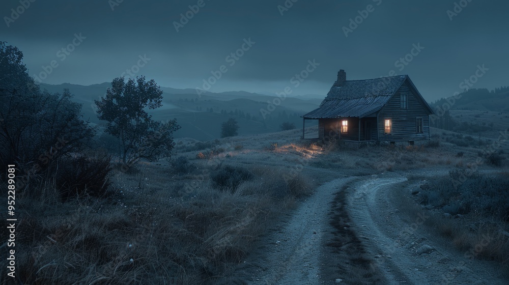 A road leading to a small farmhouse, with dry land, and the ranch lit up by the windows at dusk A road leading to a small farmhouse, with dry land, and the ranch lit up by the windows at dusk