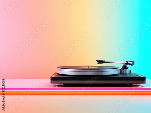 A vibrant turntable spinning vinyl records with a colorful gradient backdrop in a cozy space