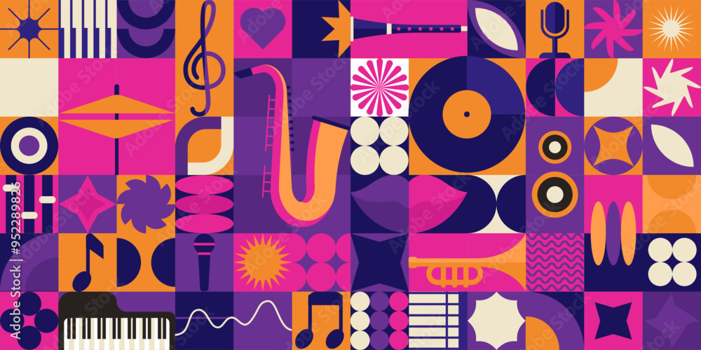 custom made wallpaper toronto digitalPattern abstract music. Background banner. Vintage art poster retro, star, circle geometric, pop art. Microphone, guitar and saxophone. Party invitation. Modern vector Bauhaus geometric illustration