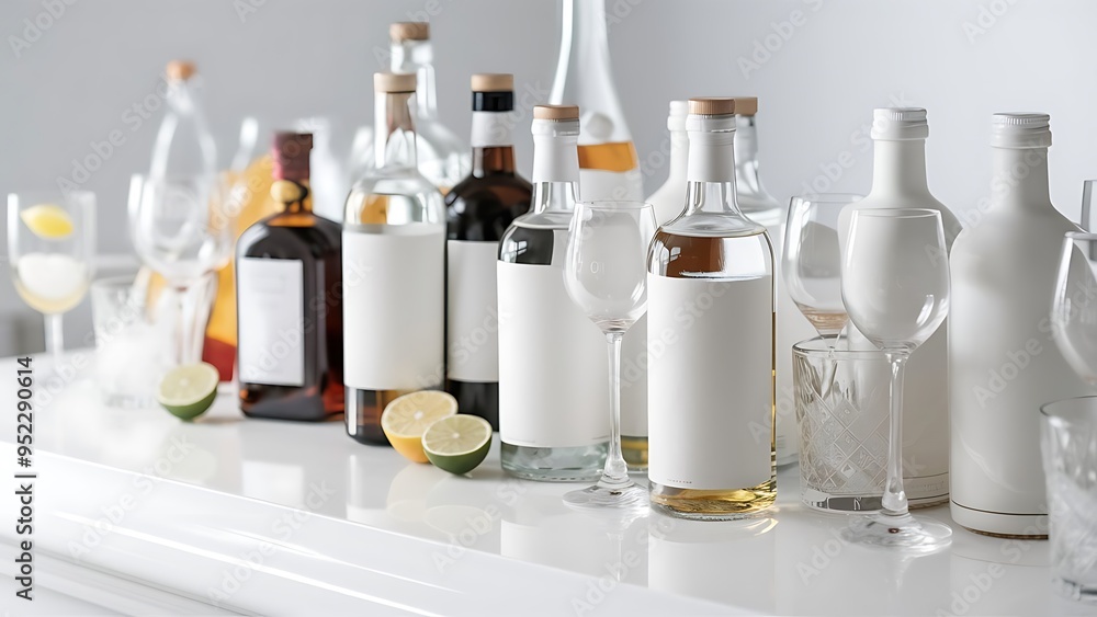 Selective focus of jugs with different alcohol drinks on bar counter
