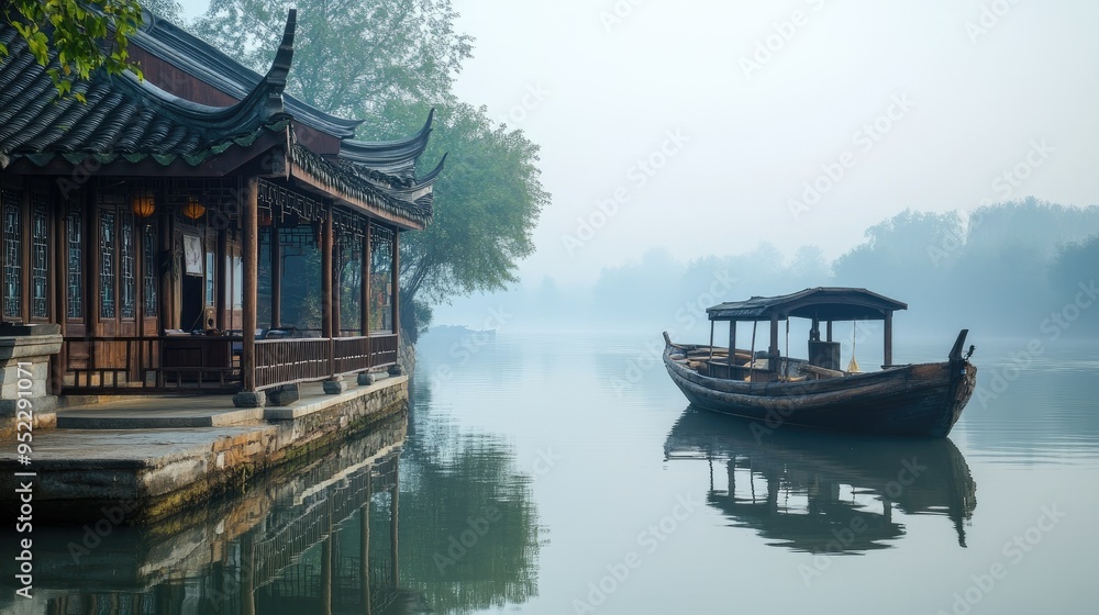 A traditional Chinese fishing boat docked by a calm river. No people, copy space. A traditional Chinese fishing boat docked by a calm river. No people, copy space.