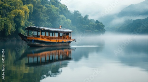 A traditional Chinese fishing boat docked by a calm river. No people, copy space.