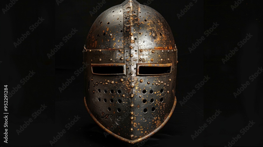 Medieval knight's helmet on a pure black background. The isolated image emphasizes the detailed features and construction of the helmet, creating an effect of majesty and ominousness Medieval knight's helmet on a pure black background. The isolated image emphasizes the detailed features and construction of the helmet, creating an effect of majesty and ominousness