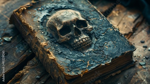 An evil old book of death with a skull on the leather cover. Its worn appearance and eerie design create an impression of danger and mystical power photo