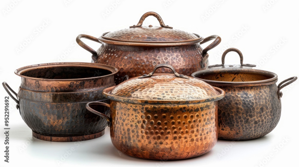 A collection of antique pots and pans, including steel and copper elements that will add historical charm to your kitchen A collection of antique pots and pans, including steel and copper elements that will add historical charm to your kitchen