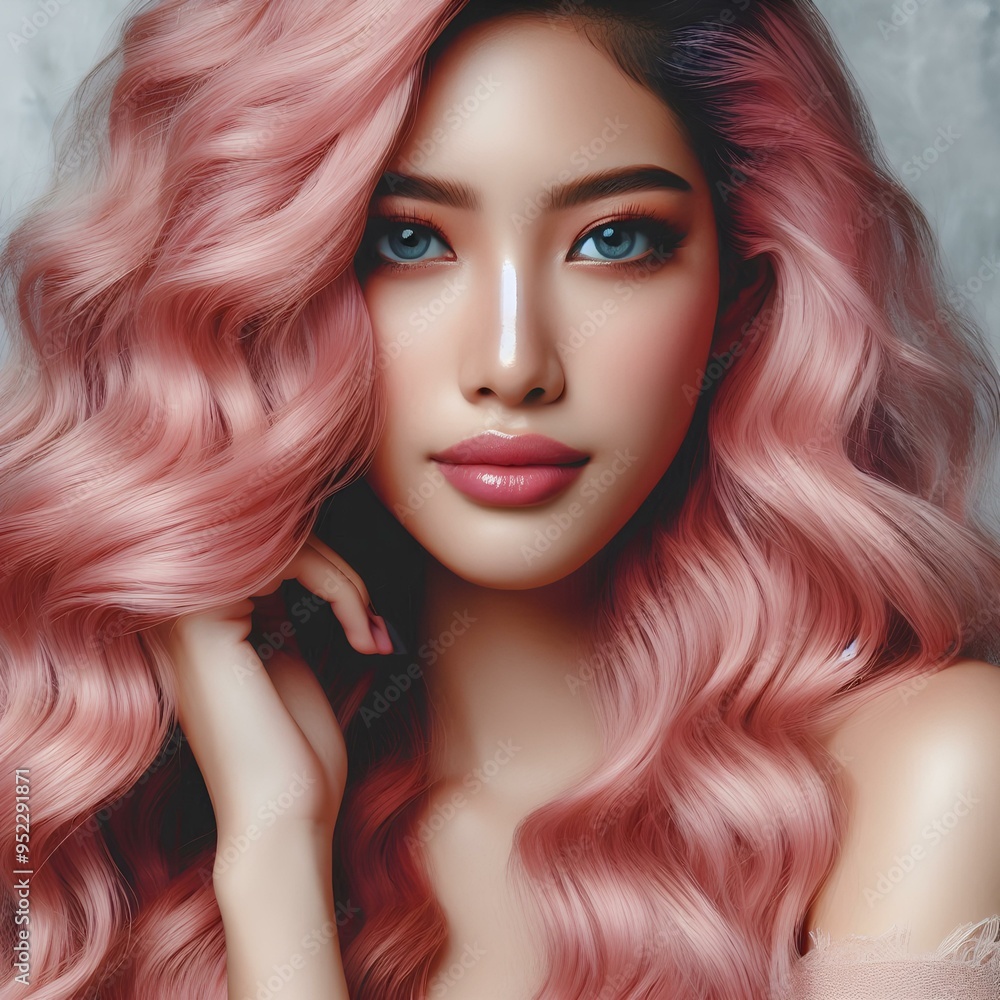 Beautiful young woman with long wavy pastel pink hair. Perfect hairstyle and hair coloring. Beautiful young woman with long wavy pastel pink hair. Perfect hairstyle and hair coloring.