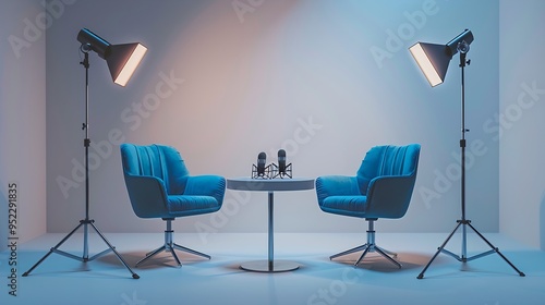 Two blue chairs and a table with microphones set up in a studio.