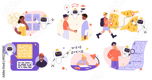 AI robot. Android helping people. GPT chat bot. Chatbot digital technology. Smart assistant. Phone customer support. Laptop application. Mobile assistance. Smartphone software. Vector concepts set
