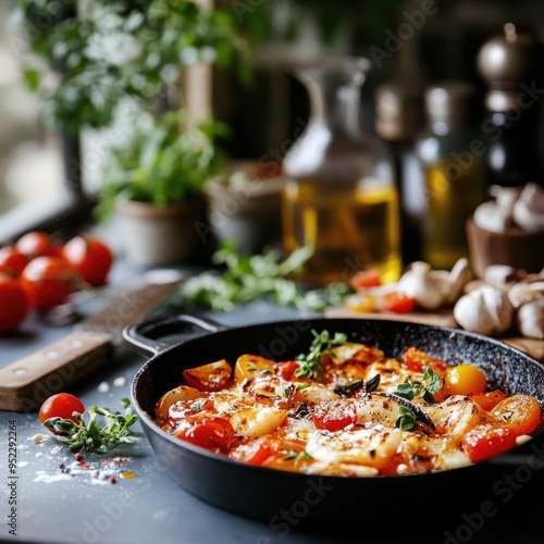 Close up of traditional Mediterranean meal with tomatoes and olive oil displayed on a rustic kitchen table.