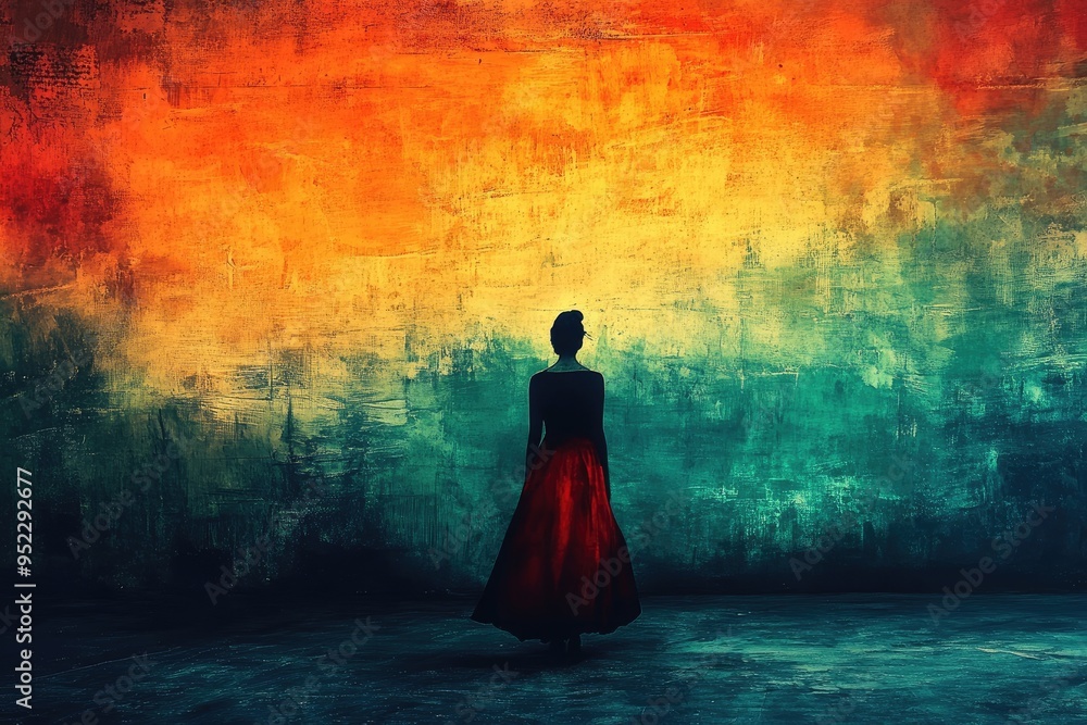 Silhouette of a Woman in a Red Dress Against a Colorful Wall Silhouette of a Woman in a Red Dress Against a Colorful Wall