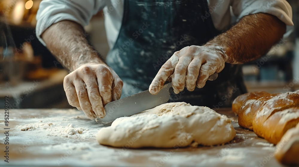 Close up view of baker cutting bread dough with steel scraper in bakery : Generative AI Close up view of baker cutting bread dough with steel scraper in bakery : Generative AI