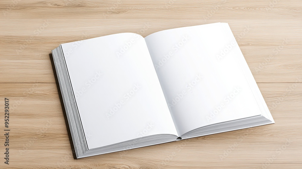 Fototapeta premium Open blank book on a wooden table. Ideal for writing, journaling, or sketching. High-quality image suitable for various creative projects.