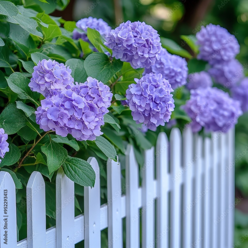 Obraz premium White picket fence with blooming hydrangeas in a cottage garden