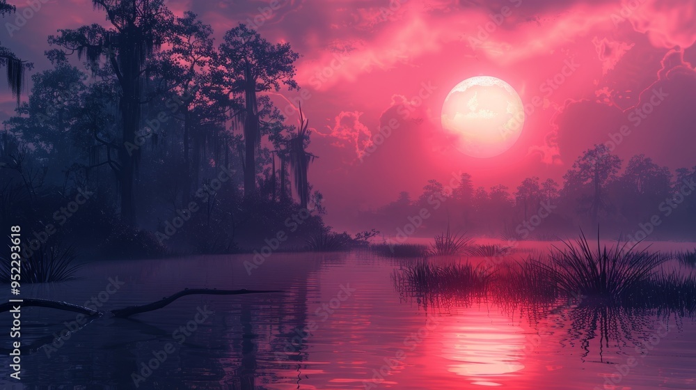 The sunset, which envelops the marsh in pink and purple hues, creates a magical and soothing landscape. The calm waters reflect the delicate colors of the sky, giving the scene a special charm The sunset, which envelops the marsh in pink and purple hues, creates a magical and soothing landscape. The calm waters reflect the delicate colors of the sky, giving the scene a special charm