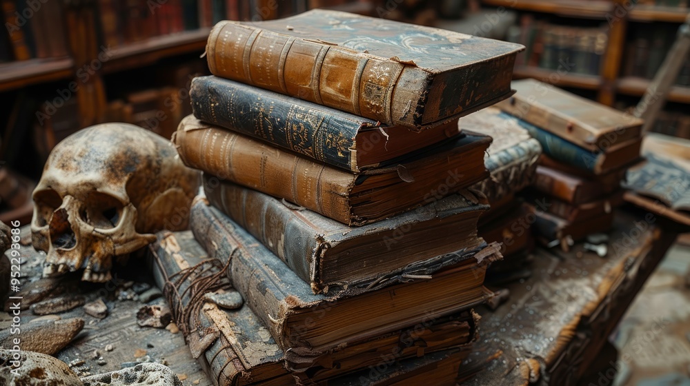 A skull rests on a stack of ancient leather books, symbolizing the connection between the wisdom of the past and the dark arts of sorcery A skull rests on a stack of ancient leather books, symbolizing the connection between the wisdom of the past and the dark arts of sorcery