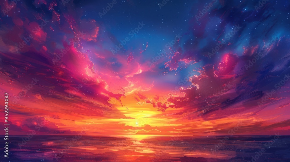 Fototapeta premium The darkness of the night sky is dominated by a dark blue shade that turns purple and orange-yellow near the horizon. Shades are mixed in a smooth gradient, as if the world is waking up to a new day