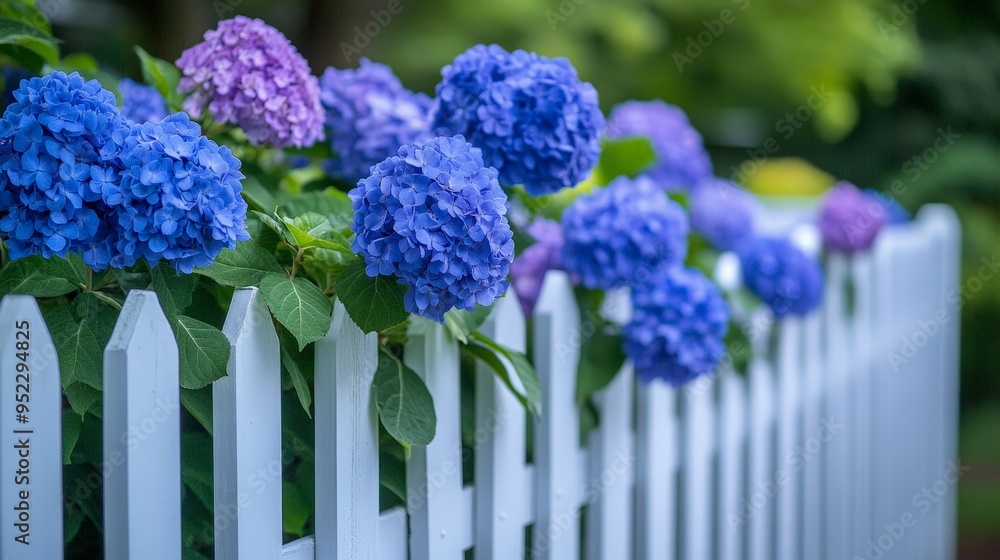 Obraz premium White picket fence with blooming hydrangeas in a cottage garden
