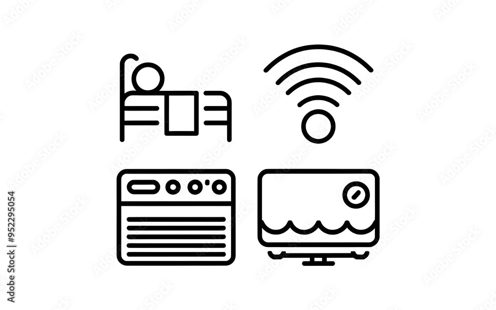 Modern Hotel Line Icons Collection: Beds, Air Conditioning, Wi-Fi Symbols