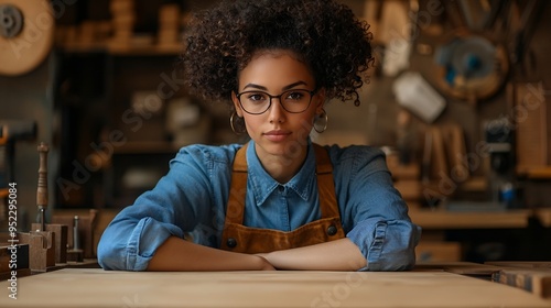 Image of skilled curly female carpenter plans wood in workshop makes wooden products in her joinery uses different craft tools wears blue shirt and denim overalls isolated over brown b : Generative AI