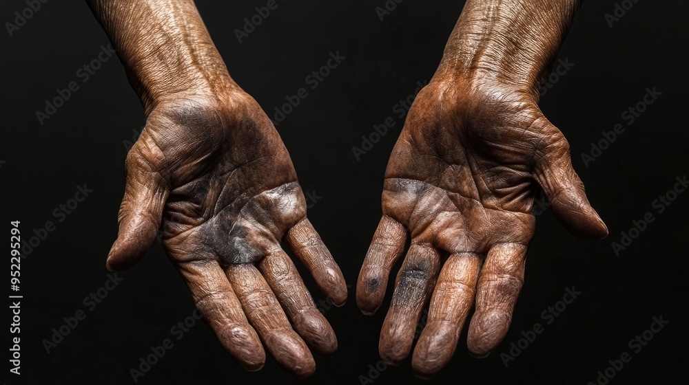 Fototapeta premium Lesions on hands, showing contrast between darkened and lightened skin areas, possibly linked to a genetic condition.