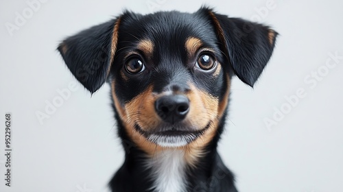 studio portrait of small cute brown black and white mixed breed rescue dog sitting and looking forward with head tilted against a white background : Generative AI