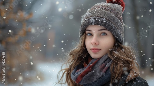 A teenage girl enjoys a winter walk in the park, walking on a snowy path in stylish warm clothes