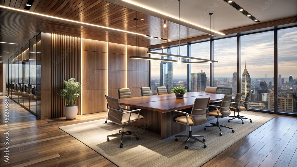 Fototapeta premium Wooden panels and glass surfaces harmonize in a high-end London office, illuminated by natural light and subtle textures, with refined lines adding polish.