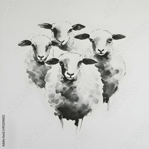 A beautiful artistic illustration featuring four sheep in a stylized black and white design, perfect for farm themes. photo