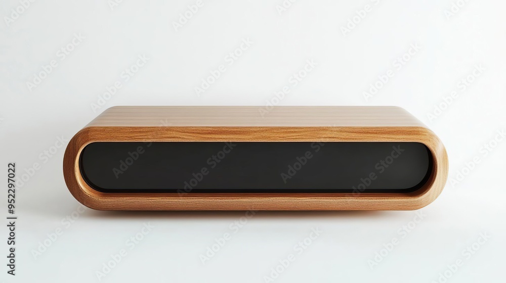 A sleek wooden media console with a minimalist design and a black front panel. A sleek wooden media console with a minimalist design and a black front panel.