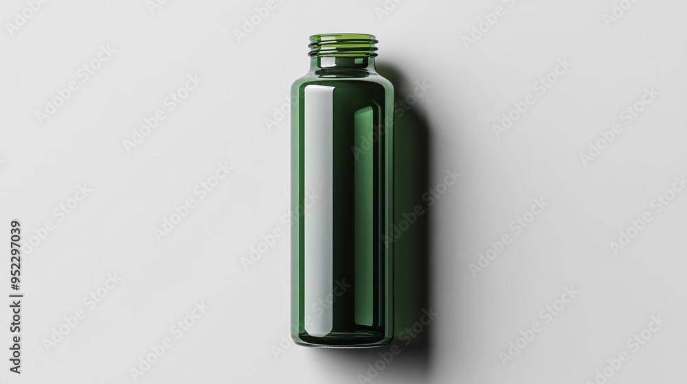 A sleek green glass bottle, reflecting light, suitable for beverages or cosmetics. A sleek green glass bottle, reflecting light, suitable for beverages or cosmetics.
