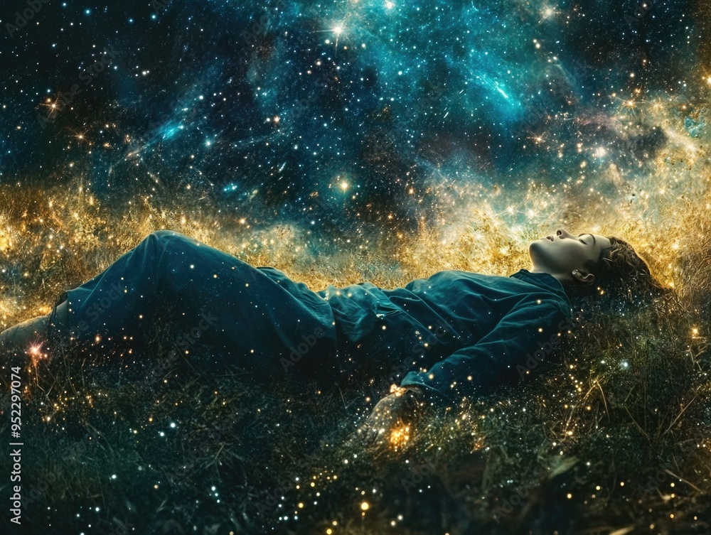 Person Dreaming Under Starry Night Sky with Cosmic Elements and Galactic Background Person Dreaming Under Starry Night Sky with Cosmic Elements and Galactic Background