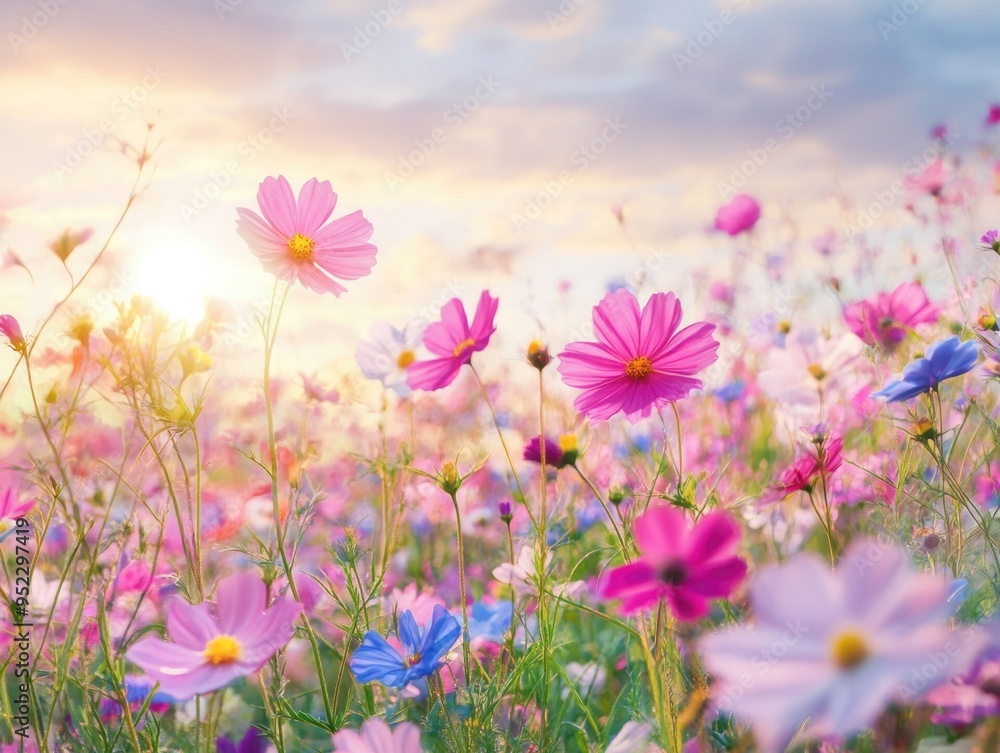 Colorful Wildflowers in a Sunlit Meadow at Sunrise with a Soft Focus Background Colorful Wildflowers in a Sunlit Meadow at Sunrise with a Soft Focus Background