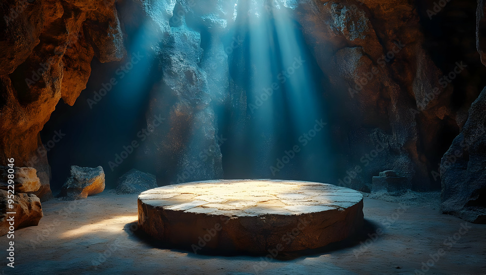 A mystical cave featuring a circular stone platform illuminated by ethereal rays of light, creating a serene atmosphere. A mystical cave featuring a circular stone platform illuminated by ethereal rays of light, creating a serene atmosphere.