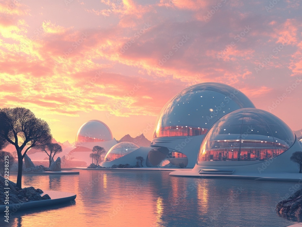 Futuristic Domed Structures at Sunset by Tranquil Water with Snowy Mountains in the Background Futuristic Domed Structures at Sunset by Tranquil Water with Snowy Mountains in the Background