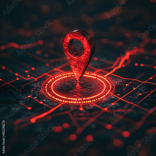 Futuristic red location pin on a digital map, representing navigation and technology, perfect for travel and location-based projects. photo