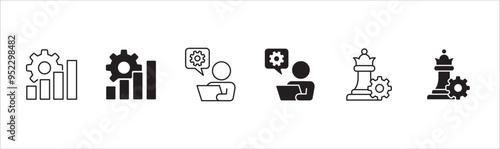 Business icon set. Contains icon or symbol of chart, setting, set up, analysis, bishop, observation, laptop. Vector illustration in thin line and flat solid design.