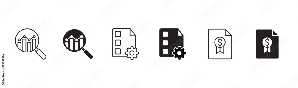 Business icon set. Contains icon or symbol of document, option, plan, strategy, profit, market research. Vector illustration in thin line and flat solid design. Business icon set. Contains icon or symbol of document, option, plan, strategy, profit, market research. Vector illustration in thin line and flat solid design.