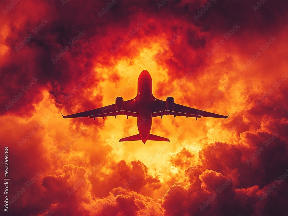 Silhouette of Airplane Against Dramatic Fiery Sky During Sunset Silhouette of Airplane Against Dramatic Fiery Sky During Sunset