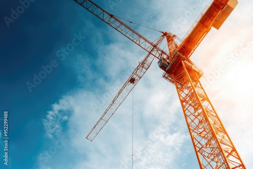 Modern building construction site, cane hoisting equipment between buildings under construction