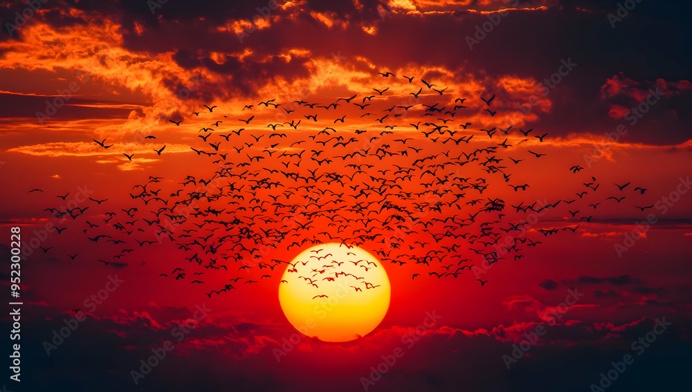 A stunning sunset with a vibrant orange sun and a flock of birds in flight against a dramatic sky, capturing nature's beauty. A stunning sunset with a vibrant orange sun and a flock of birds in flight against a dramatic sky, capturing nature's beauty.