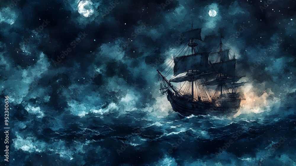 Ominous Sailboat Navigating Turbulent Stormy Seas Under Dramatic Moonlit Sky Ominous Sailboat Navigating Turbulent Stormy Seas Under Dramatic Moonlit Sky