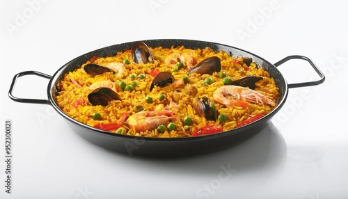 vibrant flat digital rendering of paella featuring minimalist details on a clean white background created with generative ai