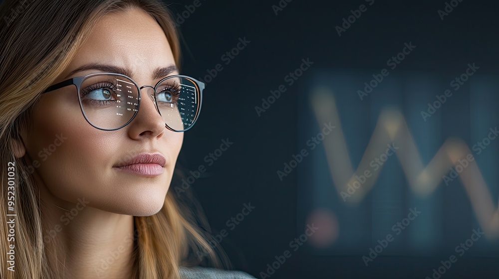 Businesswoman Looking at Graph with Numbers in Glasses Businesswoman Looking at Graph with Numbers in Glasses
