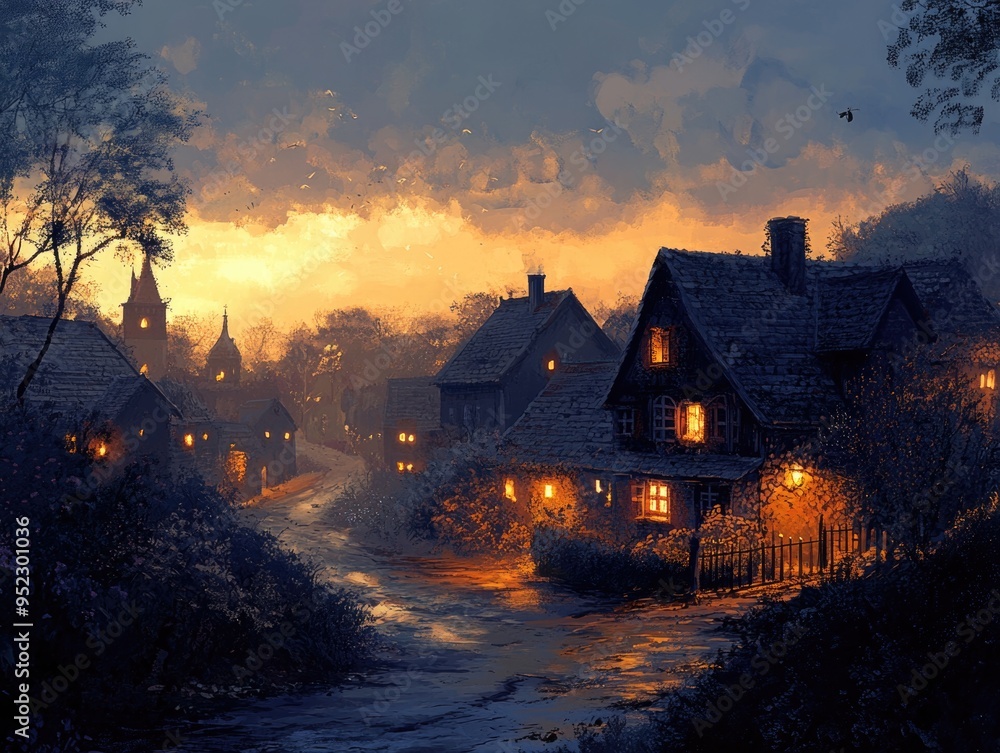 Quaint Village at Twilight with Glowing Windows and Peaceful Atmosphere Quaint Village at Twilight with Glowing Windows and Peaceful Atmosphere