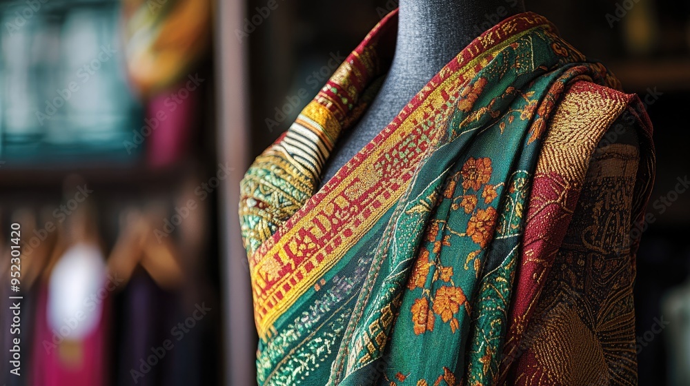 Laotian embroidered sash draped over a mannequin, capturing the beauty and detail of the hand-crafted patterns. Laotian embroidered sash draped over a mannequin, capturing the beauty and detail of the hand-crafted patterns.